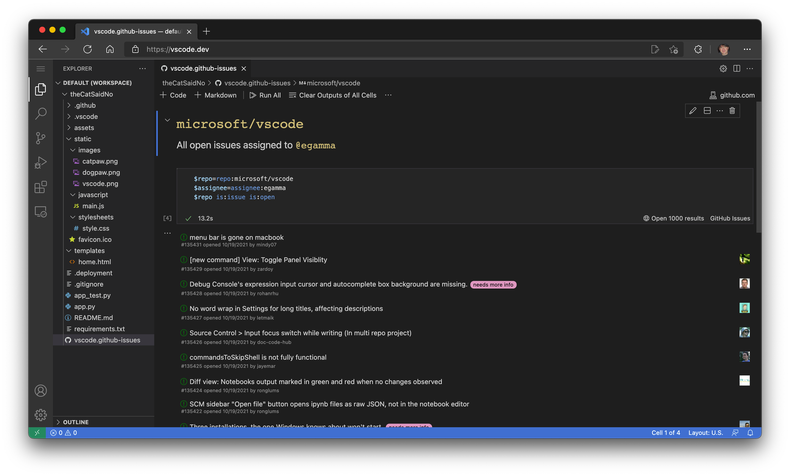 在 vscode.dev 中运行的 GitHub 问题笔记本扩展