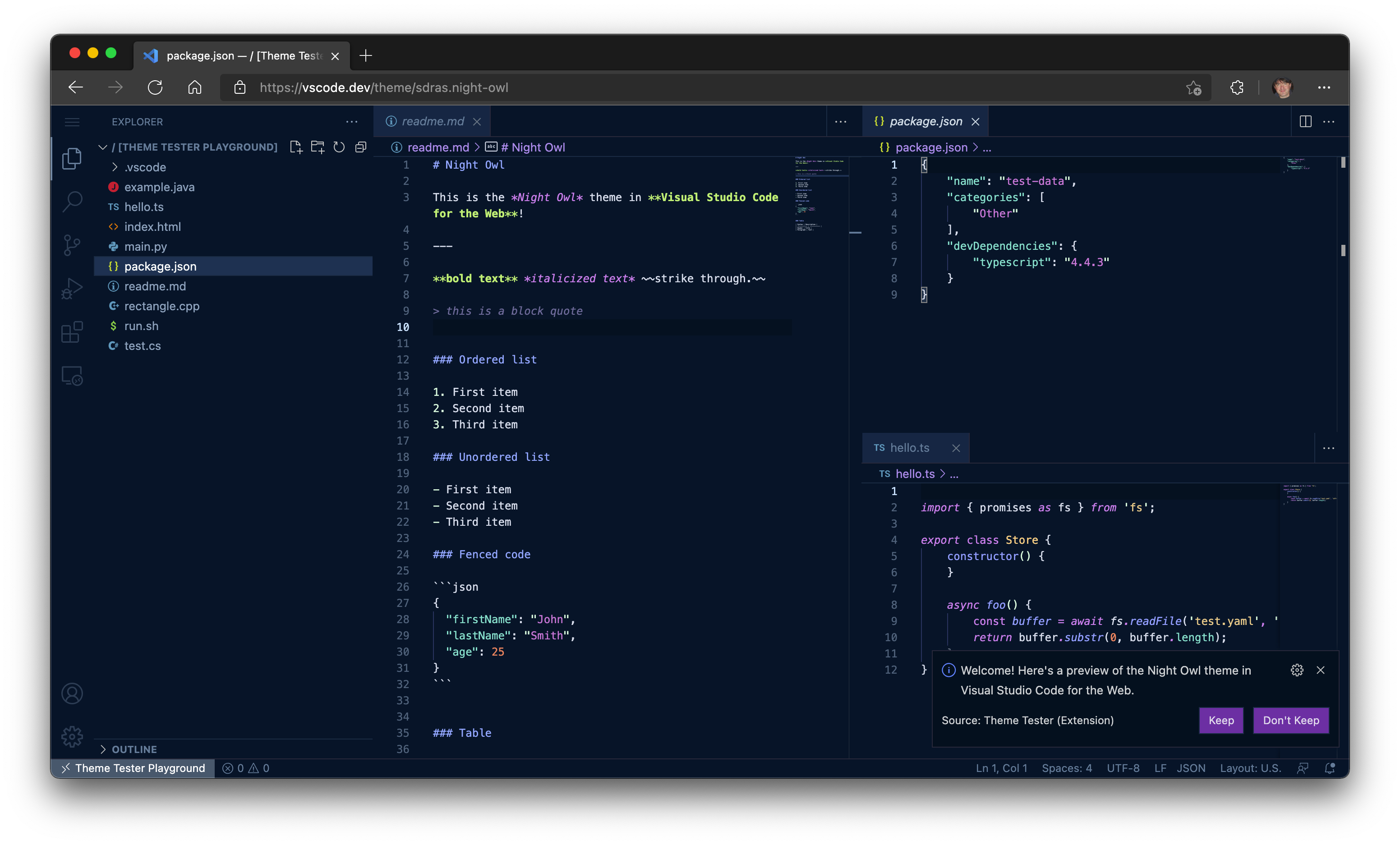 vscode.dev 中的 Night Owl 颜色主题