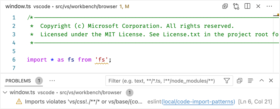 VS Code 中的警告,通知目标环境违规