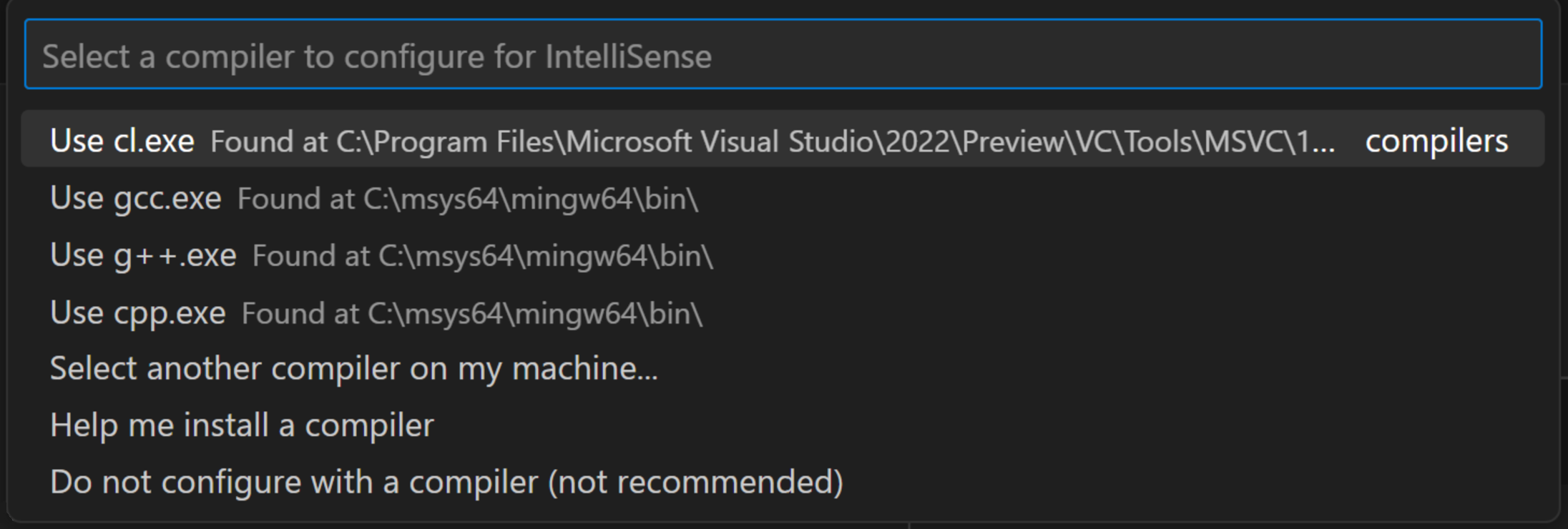 选择要为 IntelliSense Quick Pick 配置的编译器
