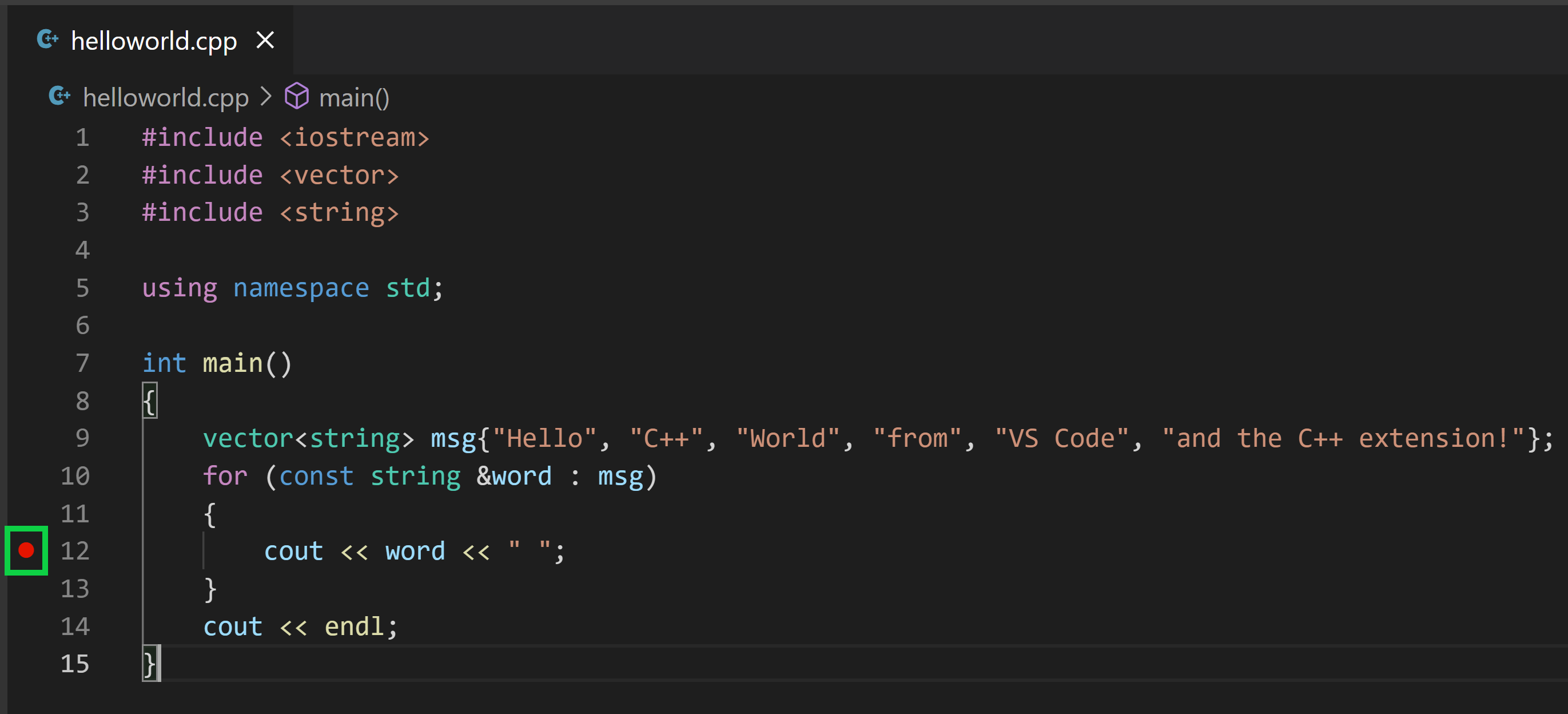 helloworld.cpp 中断点的屏幕截图
