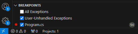 BREAKPOINTS 运行视图中的异常设置