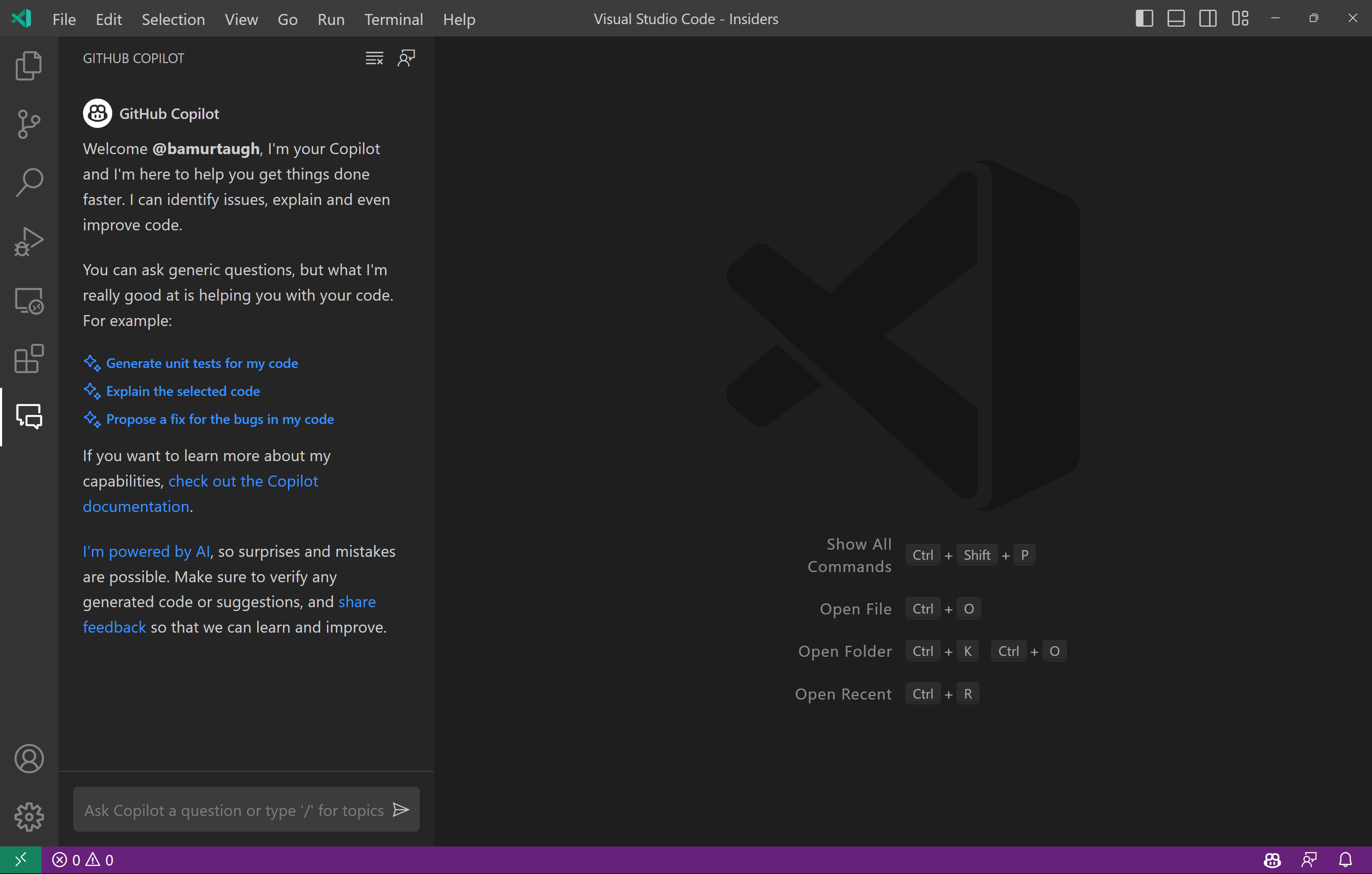 VS Code 活动栏中的 Copilot 视图