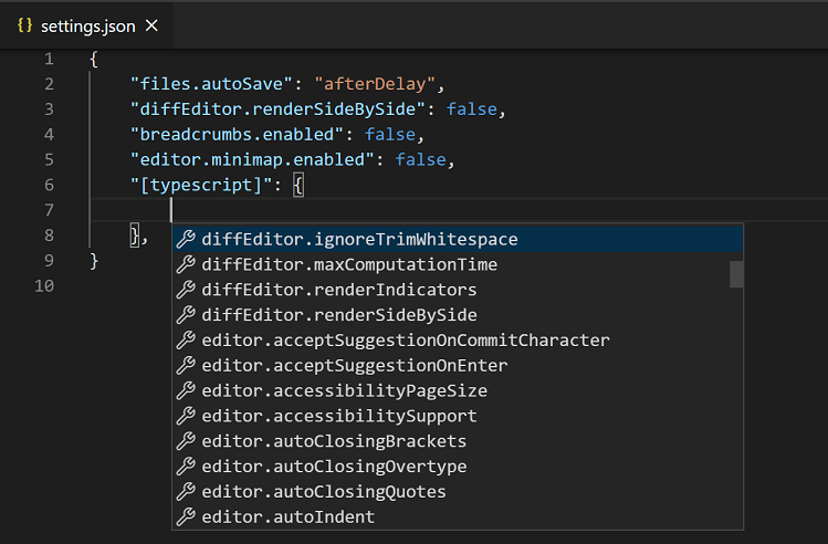 设置 JSON 文件中显示的特定于语言的设置建议