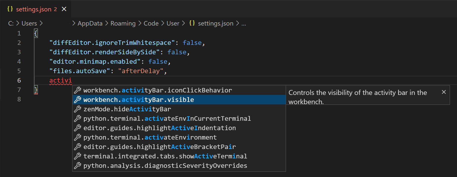 在编辑器中打开 settings.json 的 IntelliSense