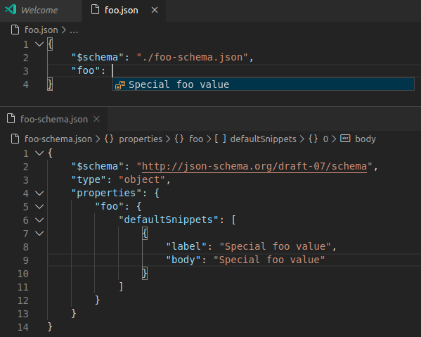 JSON 架构中的默认片段
