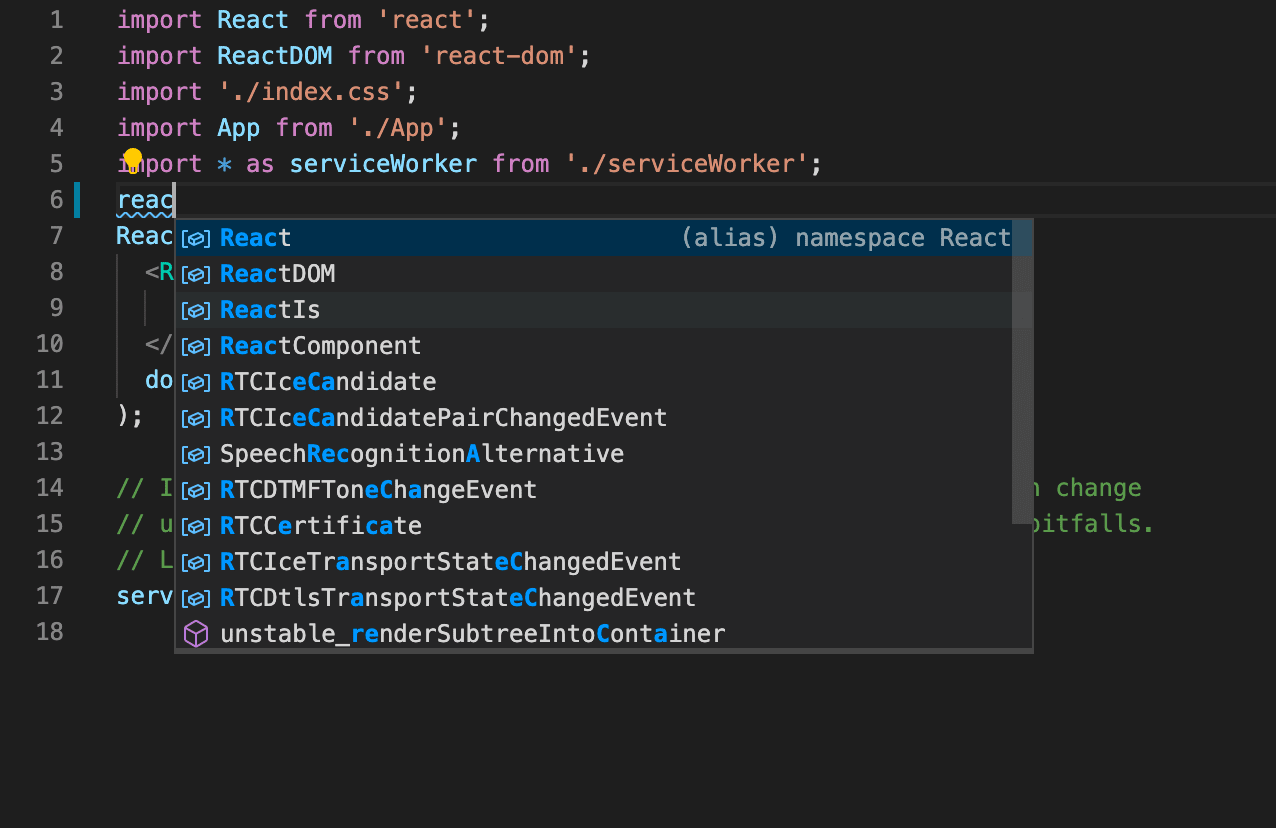 反应 IntelliSense 建议