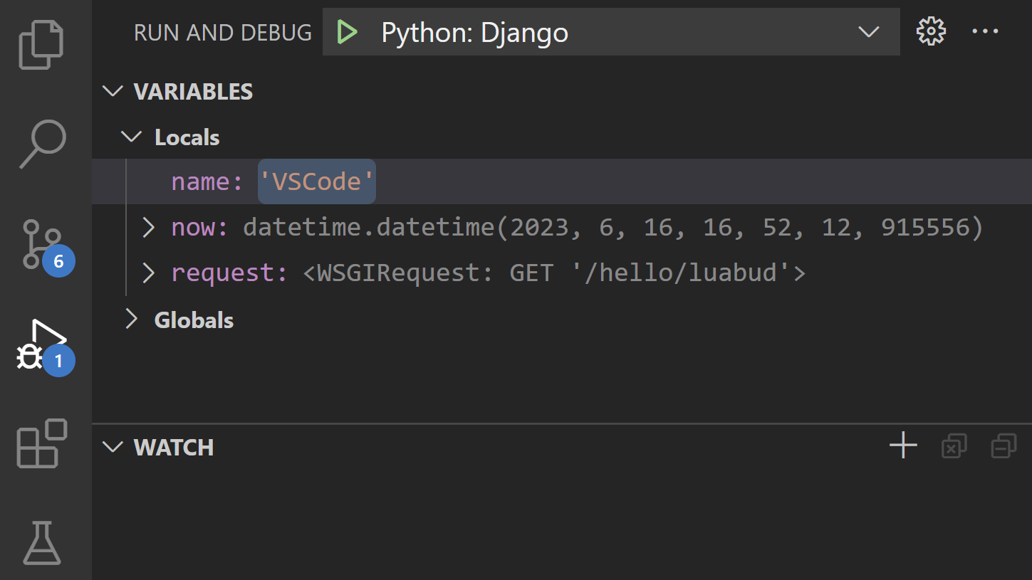 Django 教程:调试期间 VS Code 中的局部变量和参数