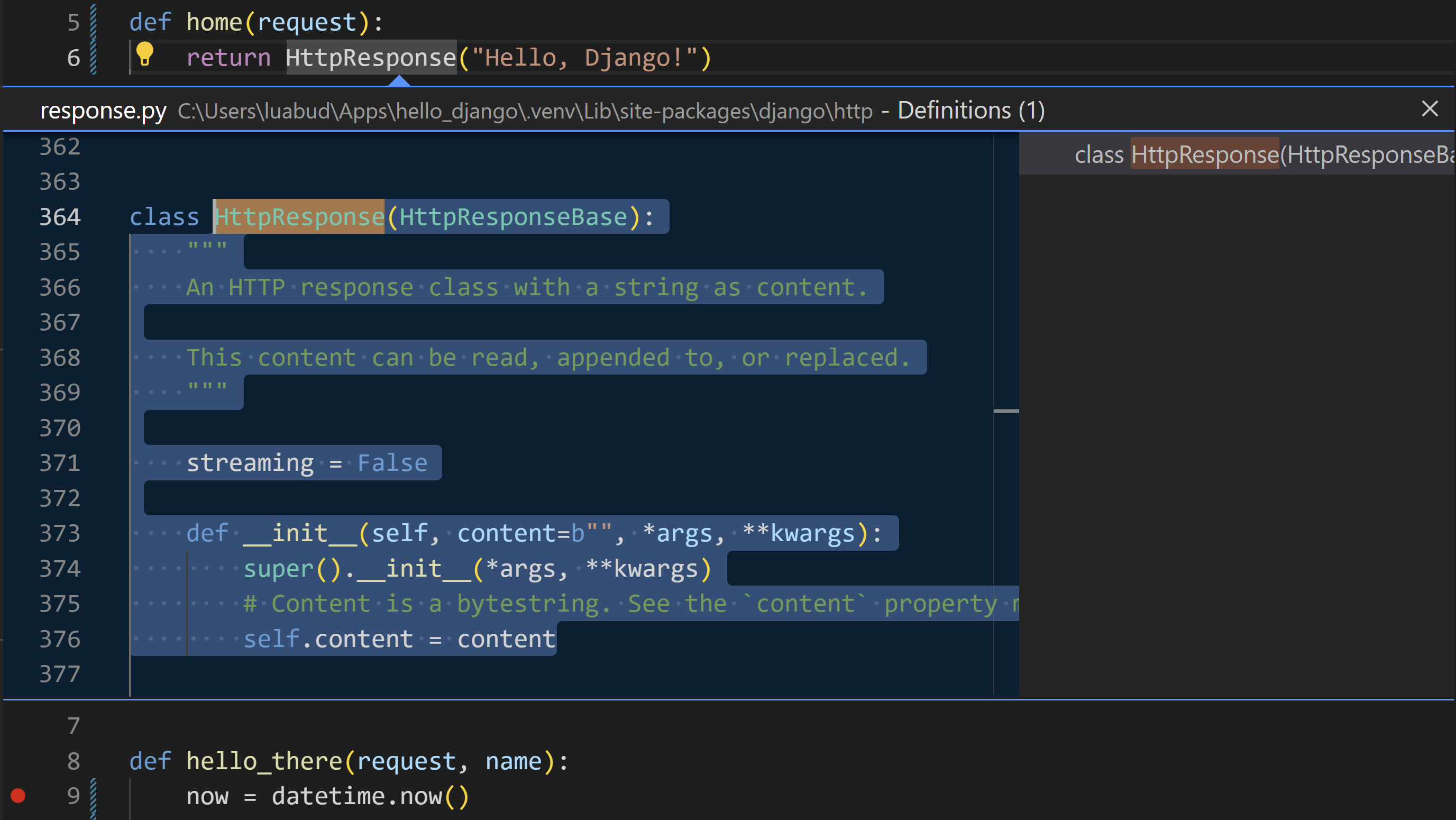 Django 教程:Peek Definition 显示 Flask 内联类
