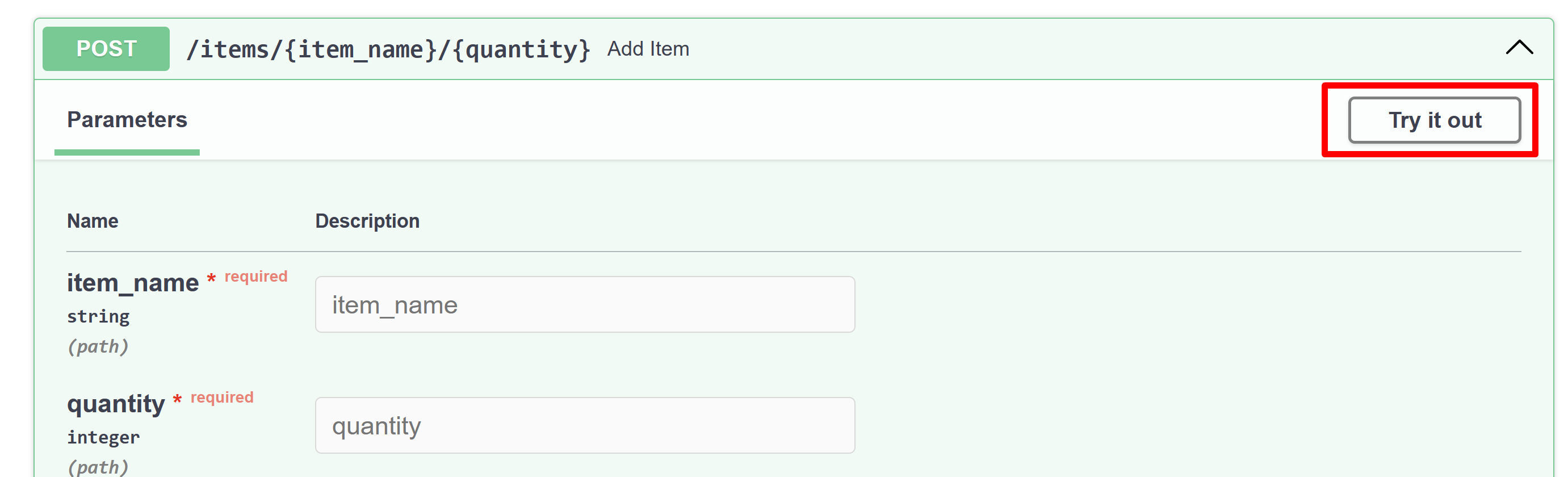 Swagger UI 中 /items 路由旁边显示的“尝试一下”按钮