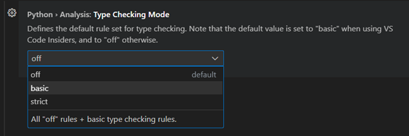 设置编辑器中的 Python 分析类型检查模式选项(关闭、基本和严格)