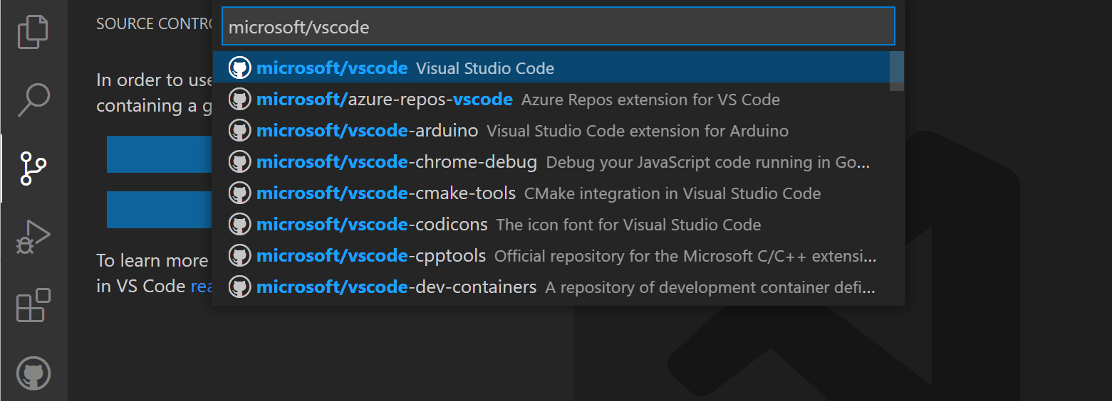 GitHub 存储库下拉列表在 microsoft/vscode 上过滤