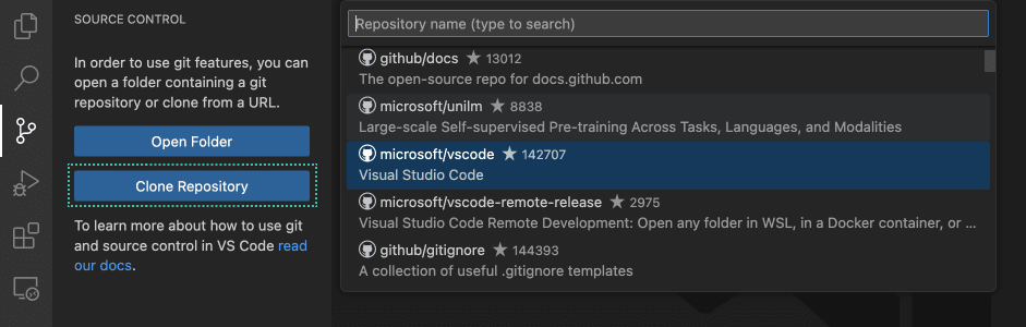 克隆存储库快速提示的屏幕截图,搜索名称为 vscode 的存储库