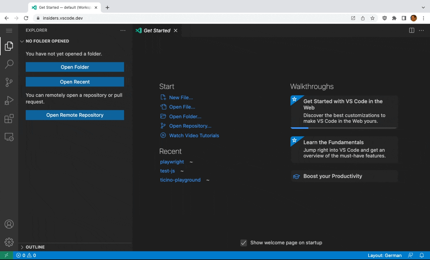 在 VS Code for Web 中打开最近使用的文件夹