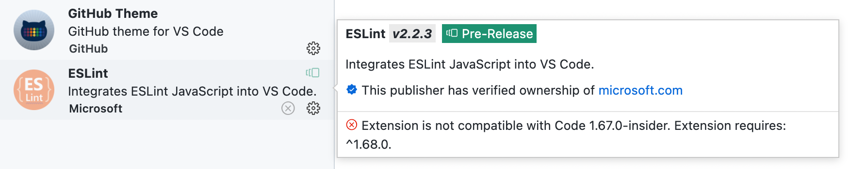 扩展视图项悬停中显示不兼容的扩展详细信息