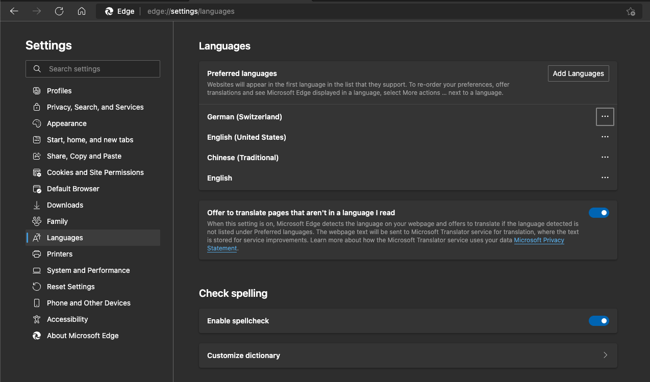 Microsoft Edge 设置语言页面
