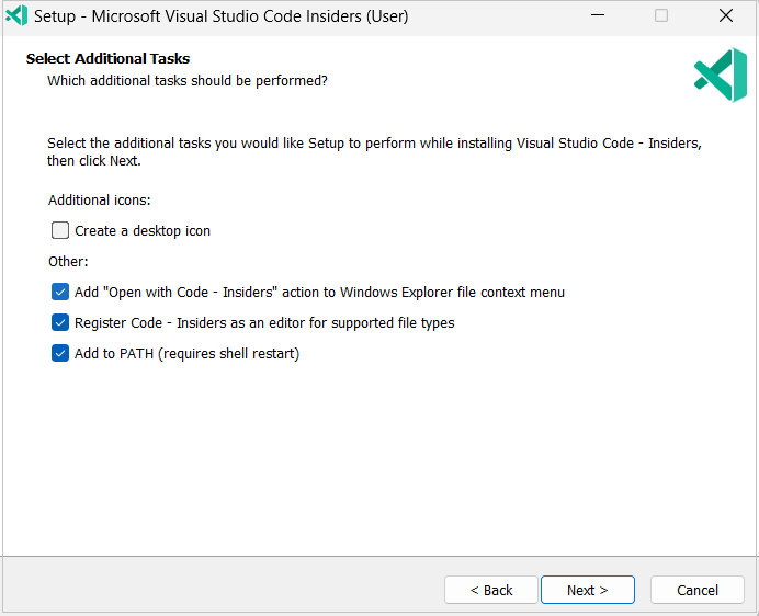 VS Code 安装对话框,其中包含添加“使用代码打开”的选项 - 内部人员操作