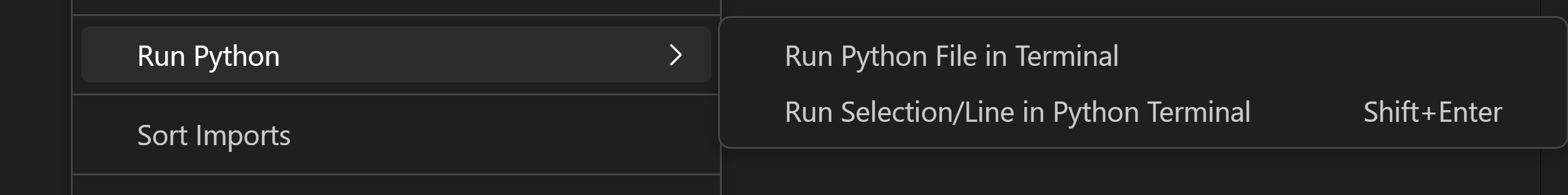上下文菜单上的“运行 Python”选项,以及子菜单中的“在终端中运行文件”和“运行选择/行”选项