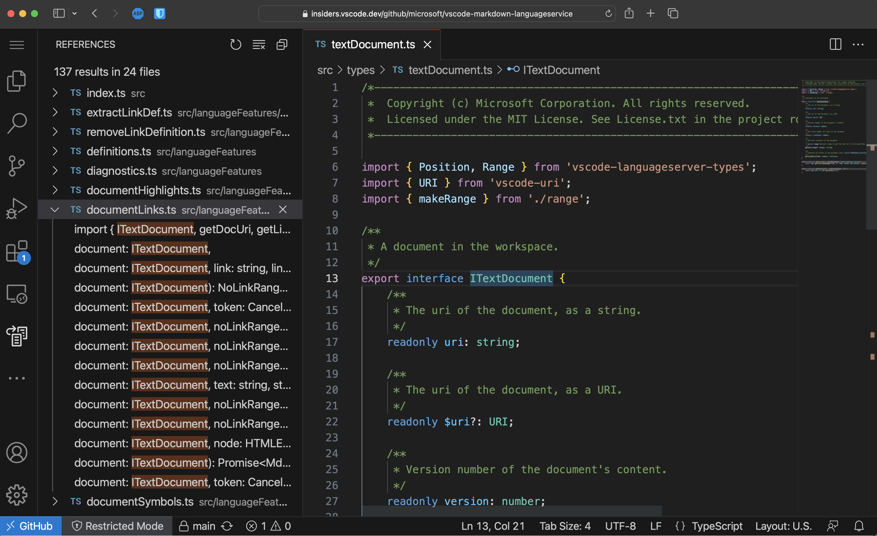 在 vscode.dev 上查找 TypeScript 项目中的所有引用