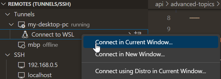 带有“连接到 WSL”选项的远程隧道视图