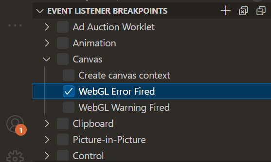 事件侦听器断点视图显示为树状结构，并选中 Canvas WebGL Error Fired 事件